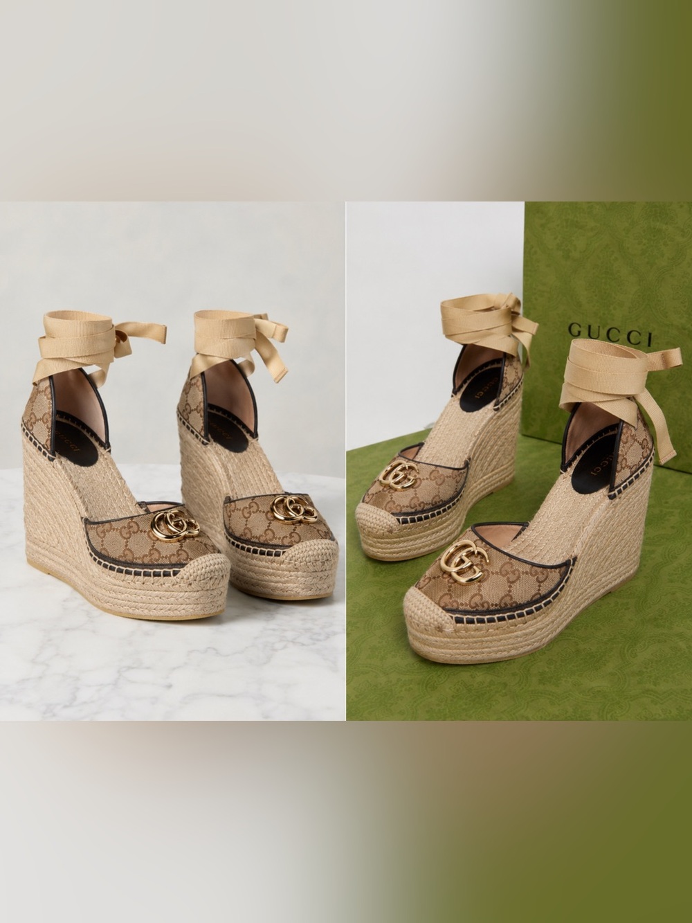Gucci Beige GG Canvas Espadrille Platform Wedges with Gold Double G
